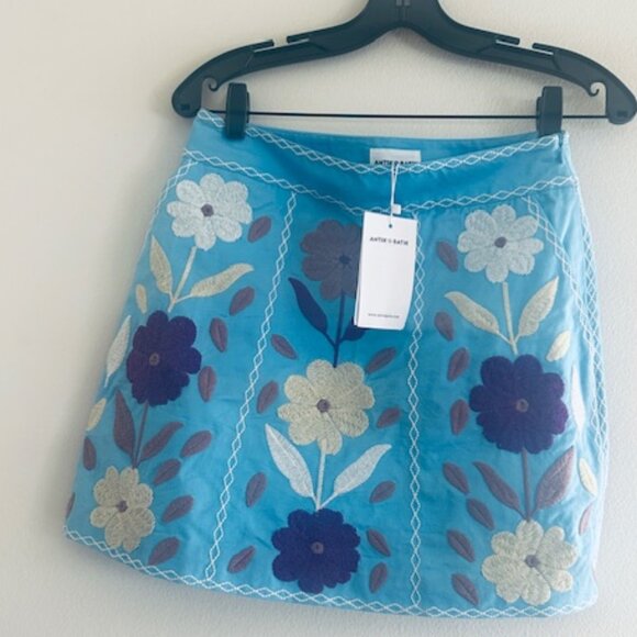 Antik Batik Tady Blue Multicolor Sky Floral Embroidered Lined Cotton Skirt NWT - Picture 1 of 16